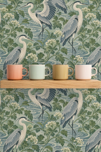 Water ripples and green leaves forming pattern in Celadon Heron Loops wallpaper.