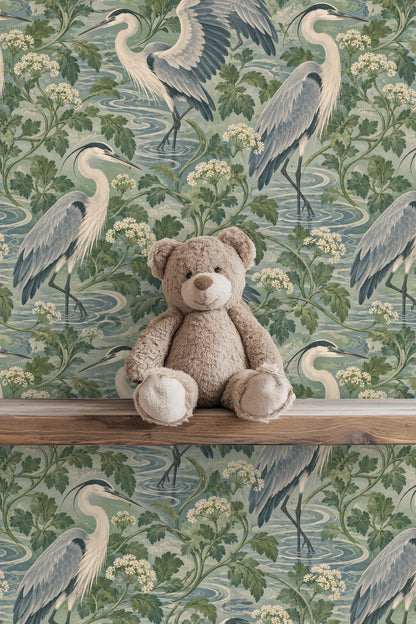 Soft blue and green palette of the wallpaper with intertwined botanical elements.