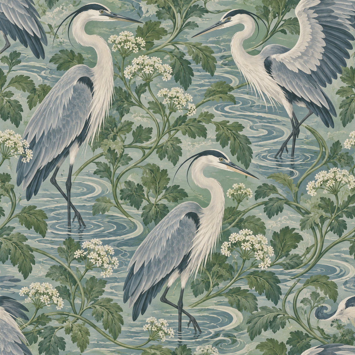 Pattern repeat detail showing balance of bird and plant elements on wallpaper.