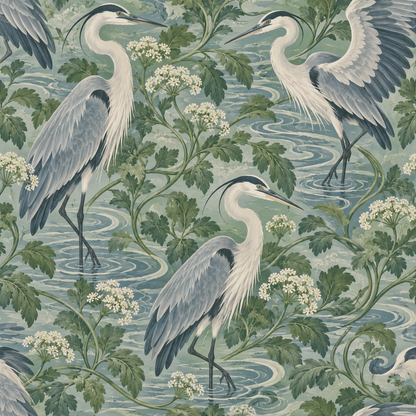 Pattern repeat detail showing balance of bird and plant elements on wallpaper.