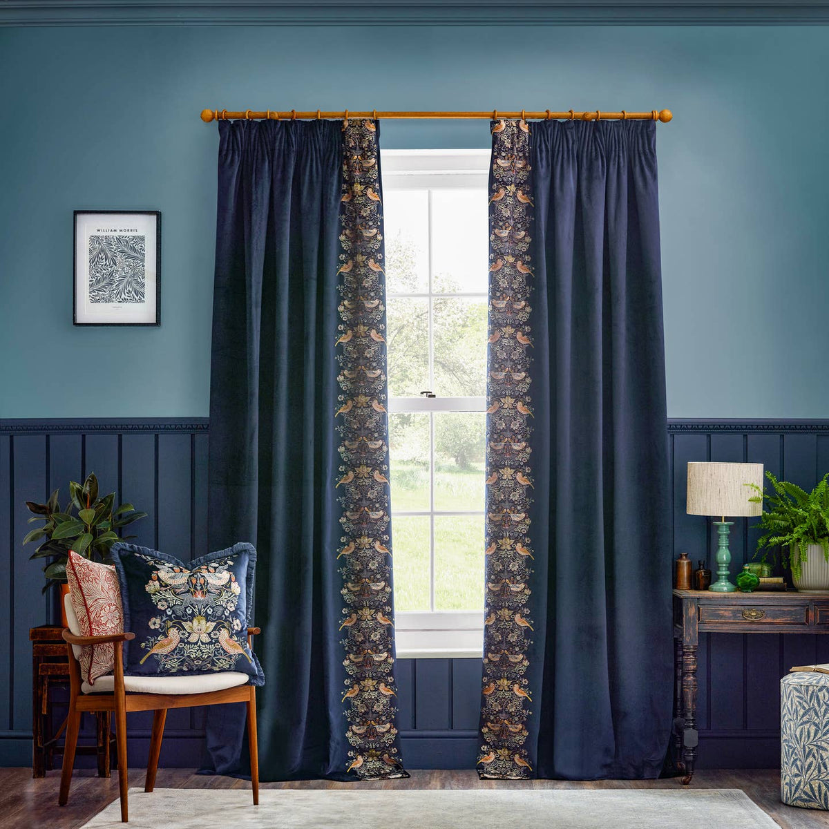Strawberry Thief Embroidered Velvet Cushion Indigo by Riva Home — view 7