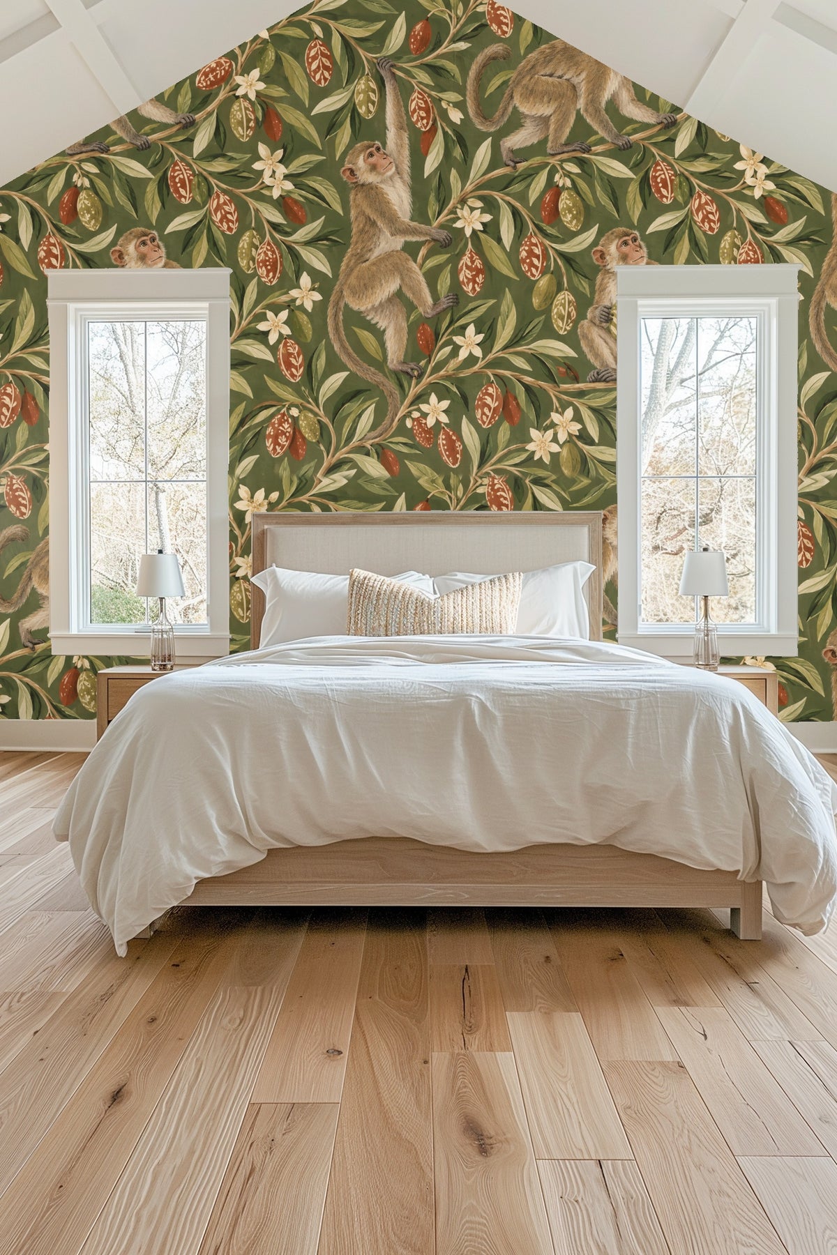 Wallpaper floral clusters with white flowers and leaves on an olive background