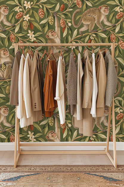 Bedroom with soft bedding and wallpaper showing macaques climbing and sitting among branches