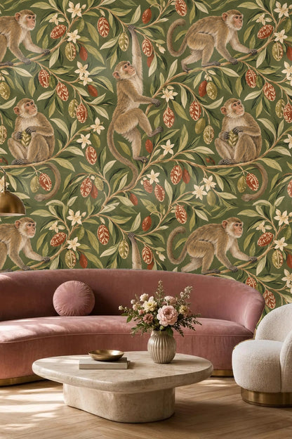 Patterned pods in red and green colors decorating the wallpaper
