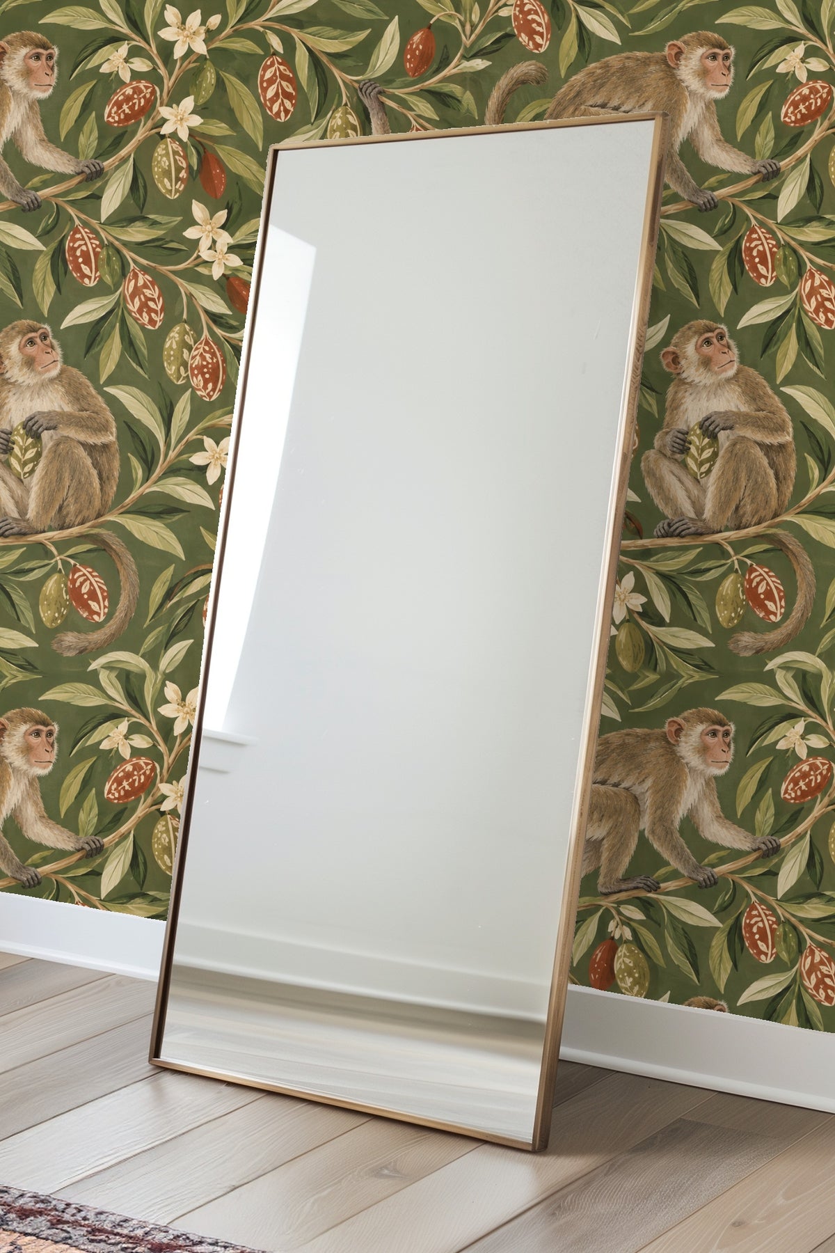 Wallpaper segment showing three macaques each in different poses among leafy branches and flowers