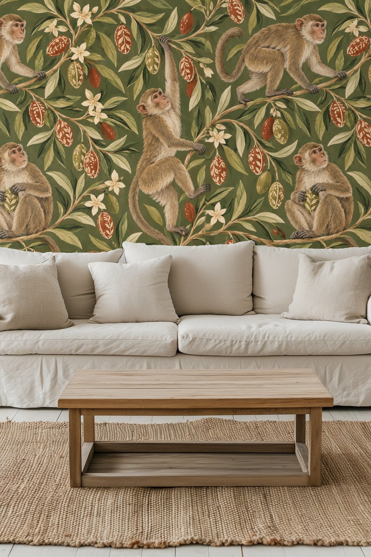 Wallpaper design showing detailed macaques on olive green background surrounded by floral and botanical elements