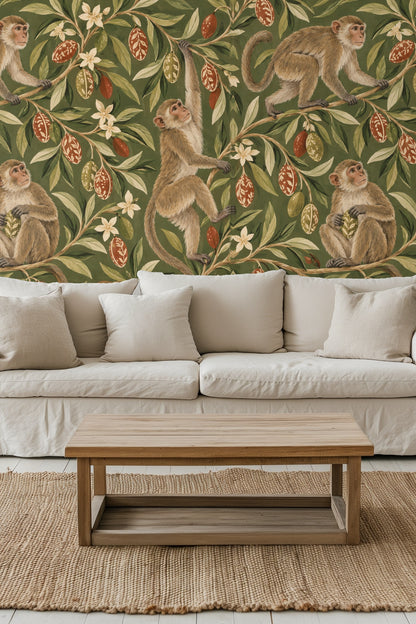 Wallpaper design showing detailed macaques on olive green background surrounded by floral and botanical elements