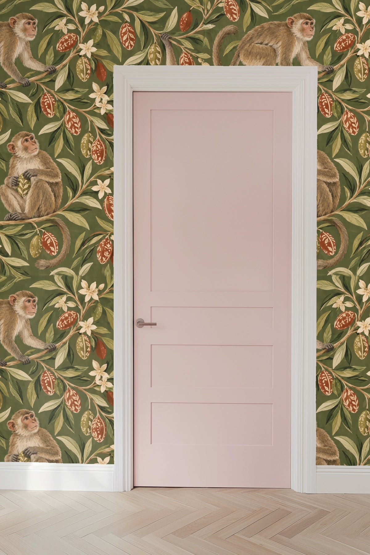Large-scale view of wallpaper displaying multiple monkeys and botanicals