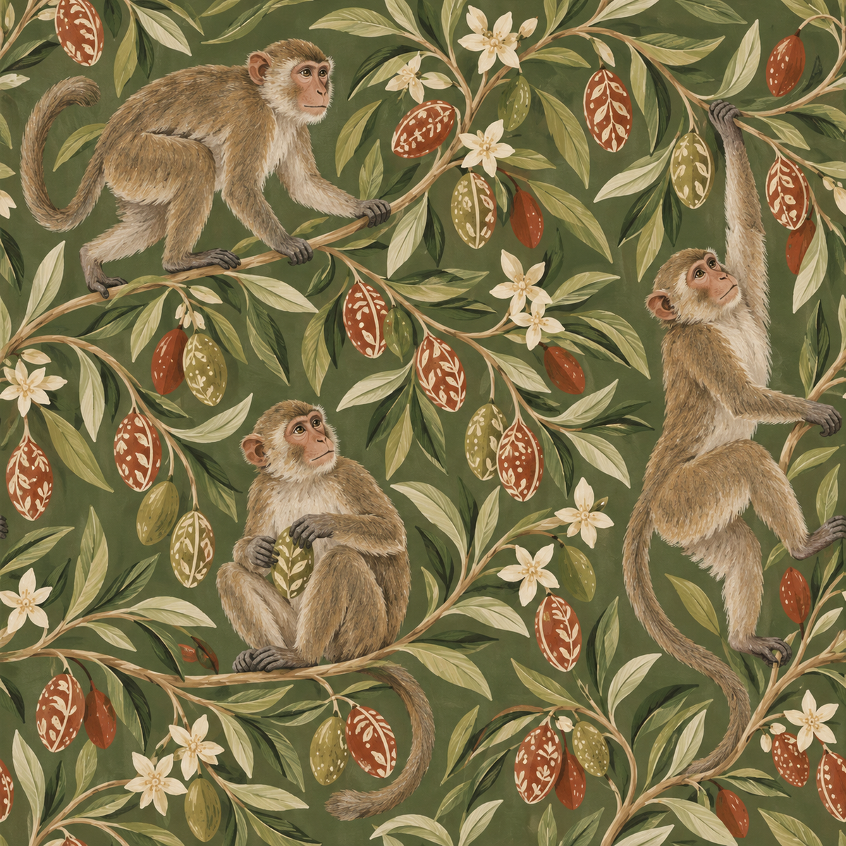 Detailed botanical wallpaper with macaques and decorative patterned pods