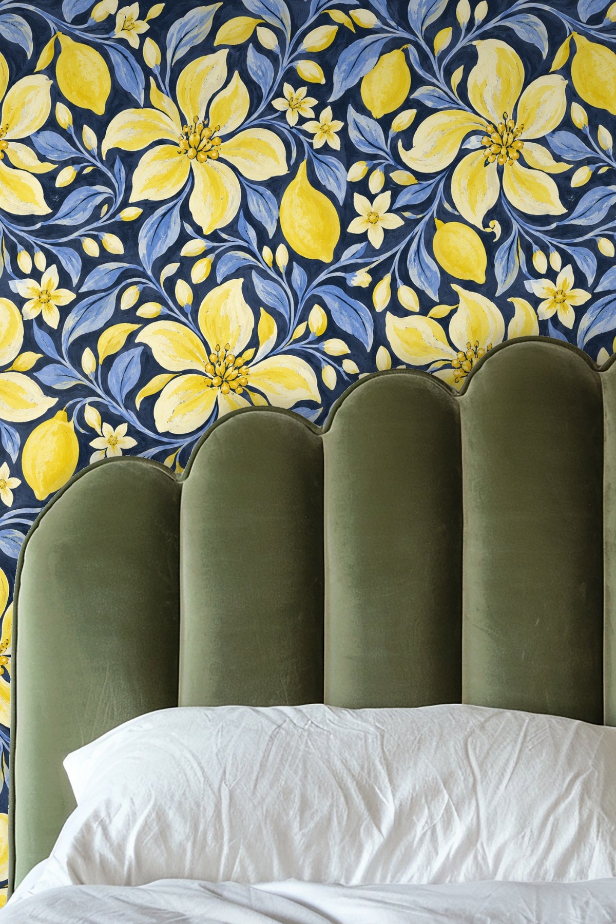 Room interior with leather chair and marble side table against citron petal wheel wallpaper.
