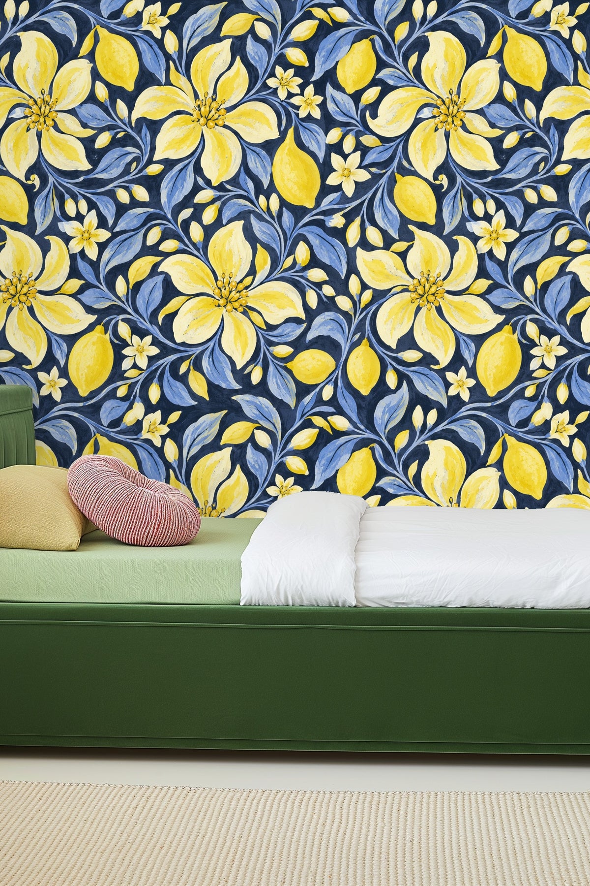Artistic floral and citrus pattern with bold yellow and pastel blue tones.