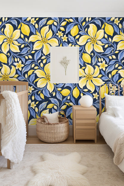 Bedroom wall with green velvet scalloped headboard and citron petal wheel wallpaper.