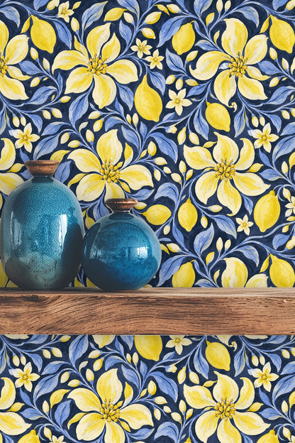 Lemon and leaf design repeating in a wheel-like pattern with visible brushstrokes.