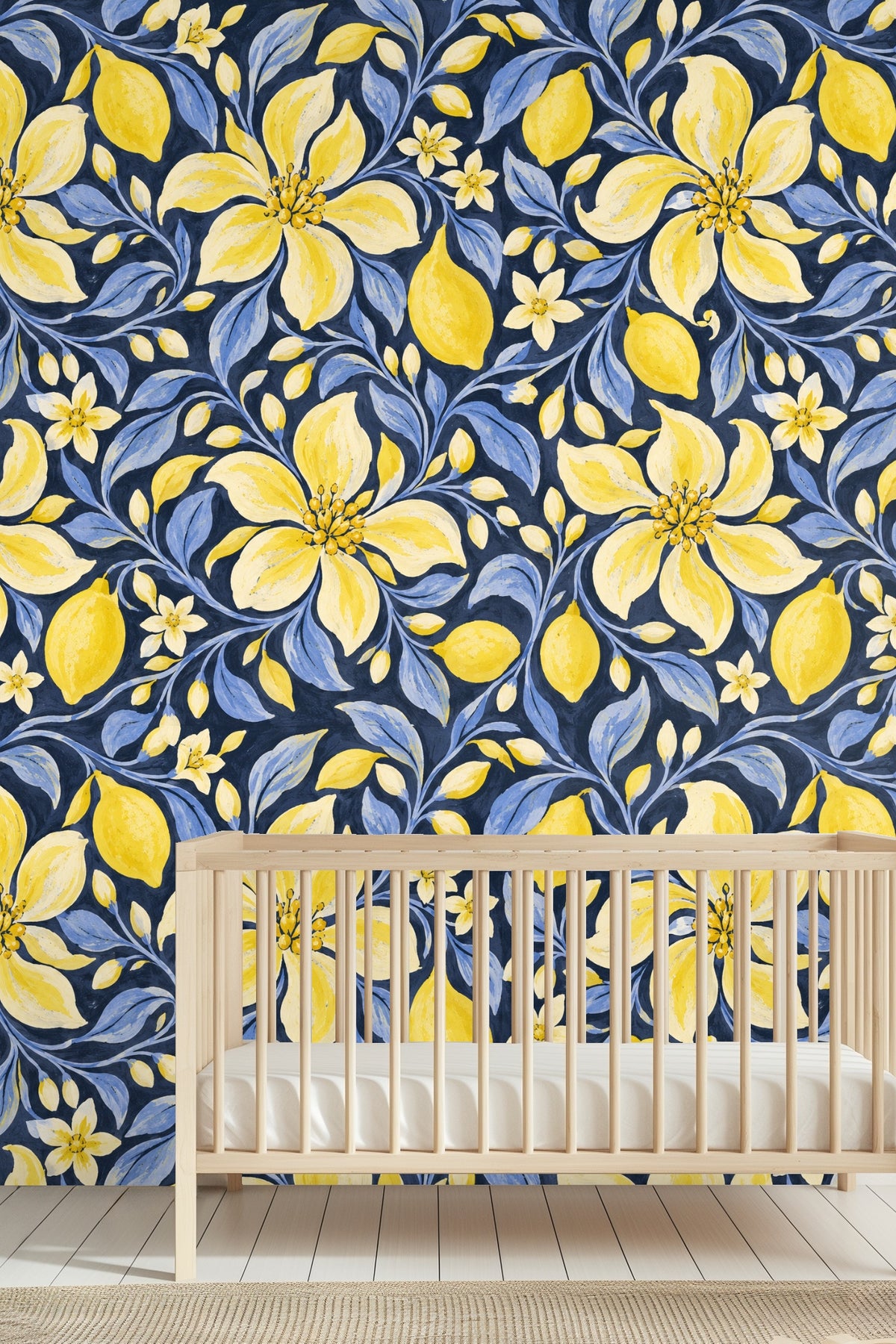 Dark blue backdrop enhancing contrast in decorative botanical wallpaper.