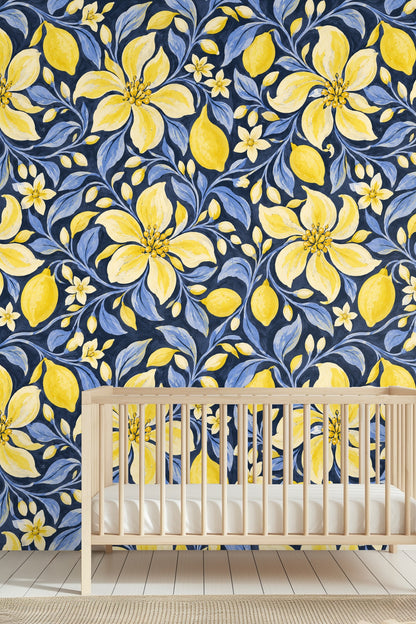 Dark blue backdrop enhancing contrast in decorative botanical wallpaper.