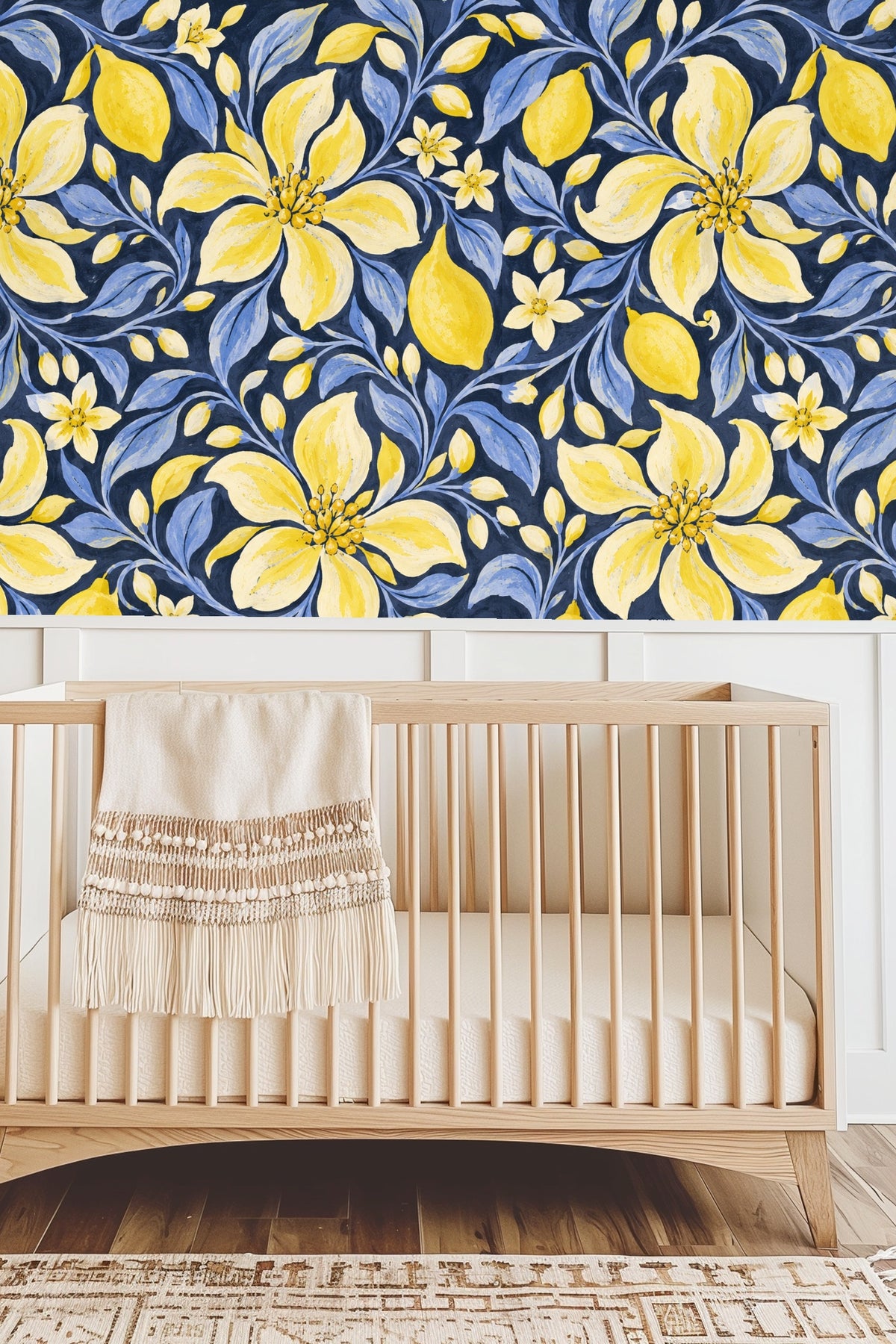 Navy background wallpaper with flowing leaves and floral elements in yellow and blue.
