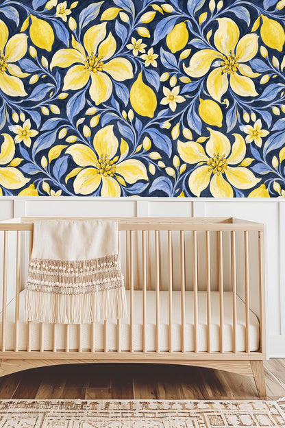 Navy background wallpaper with flowing leaves and floral elements in yellow and blue.
