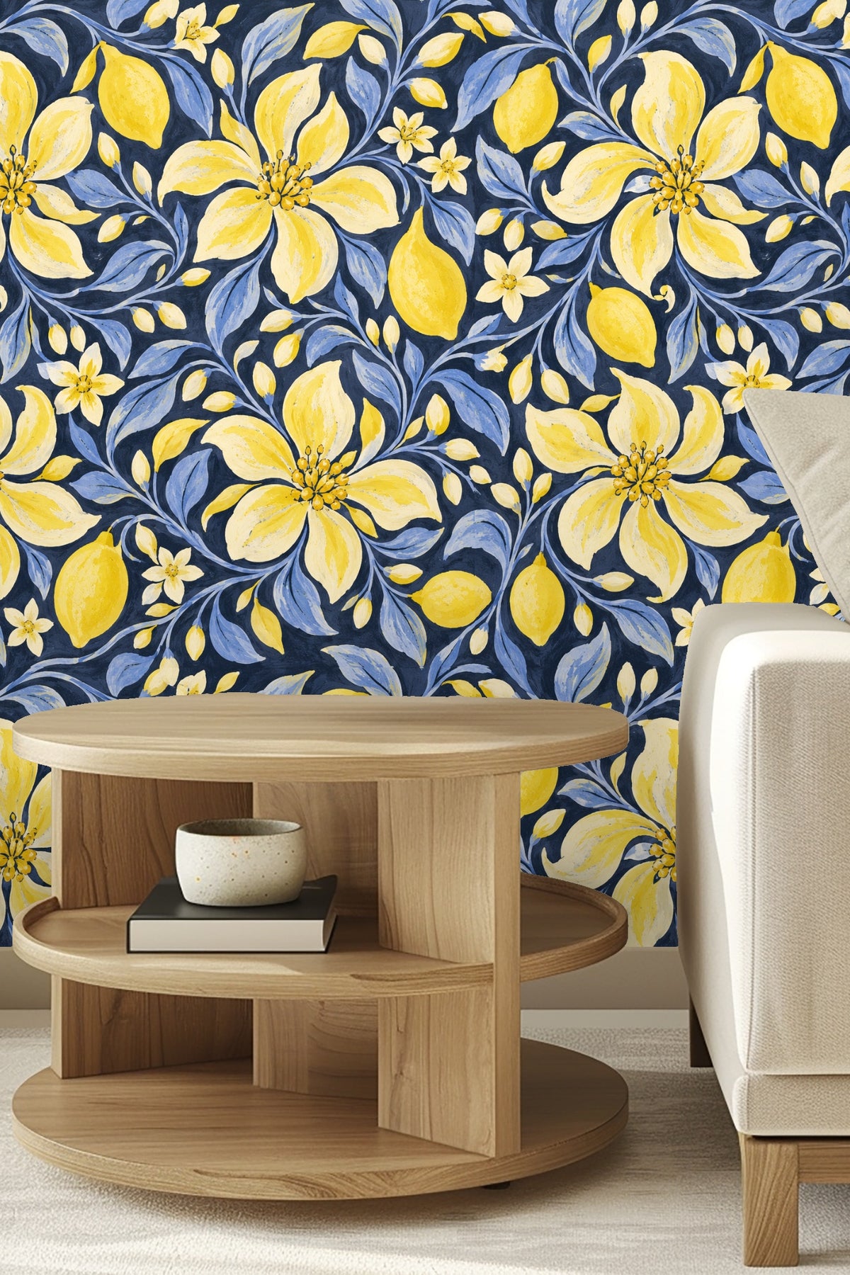Yellow lemons clustered near lilac-blue leaves on deep navy wallpaper.