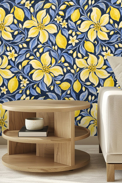 Yellow lemons clustered near lilac-blue leaves on deep navy wallpaper.