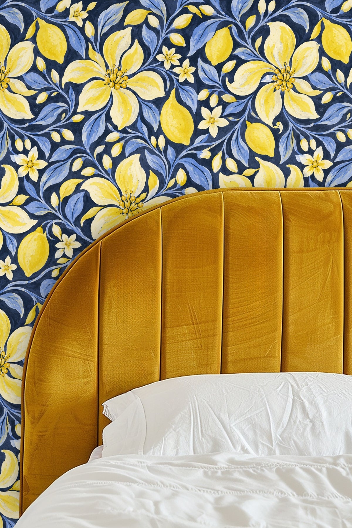 Pattern scale context showing large floral motifs relative to furniture.