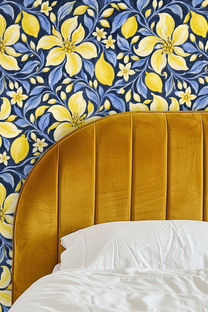 Pattern scale context showing large floral motifs relative to furniture.
