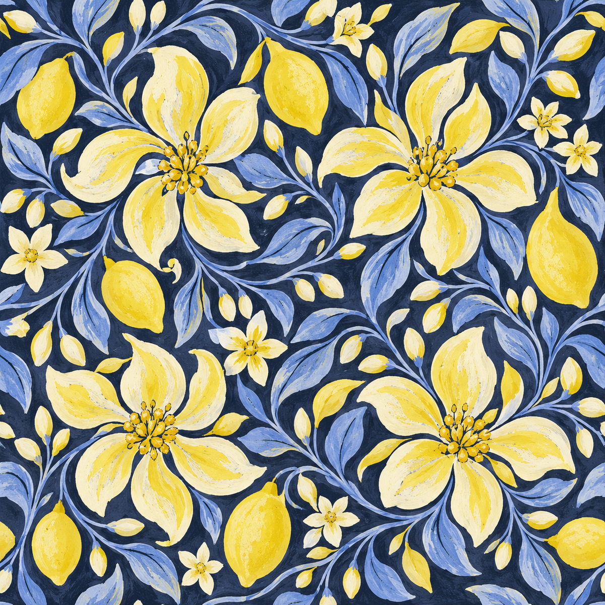 Pattern repetition highlighting the wheel composition of florals and lemons.