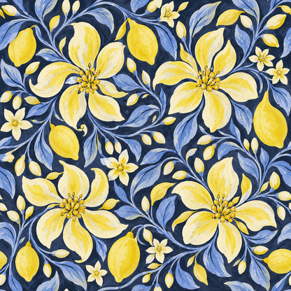 Pattern repetition highlighting the wheel composition of florals and lemons.