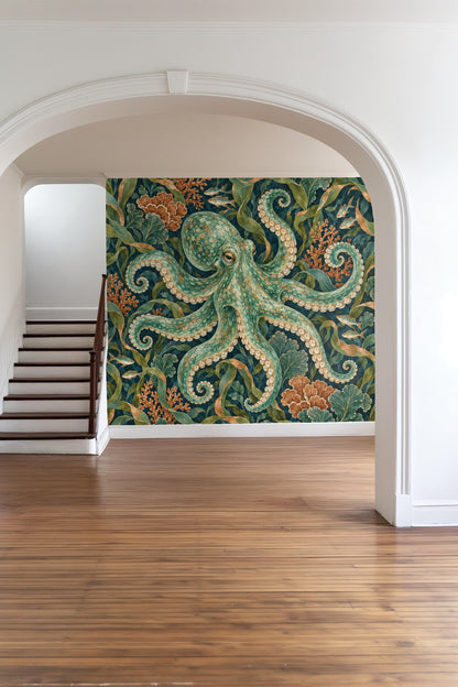 Detailed view of tentacle suckers contrasted with green hues.