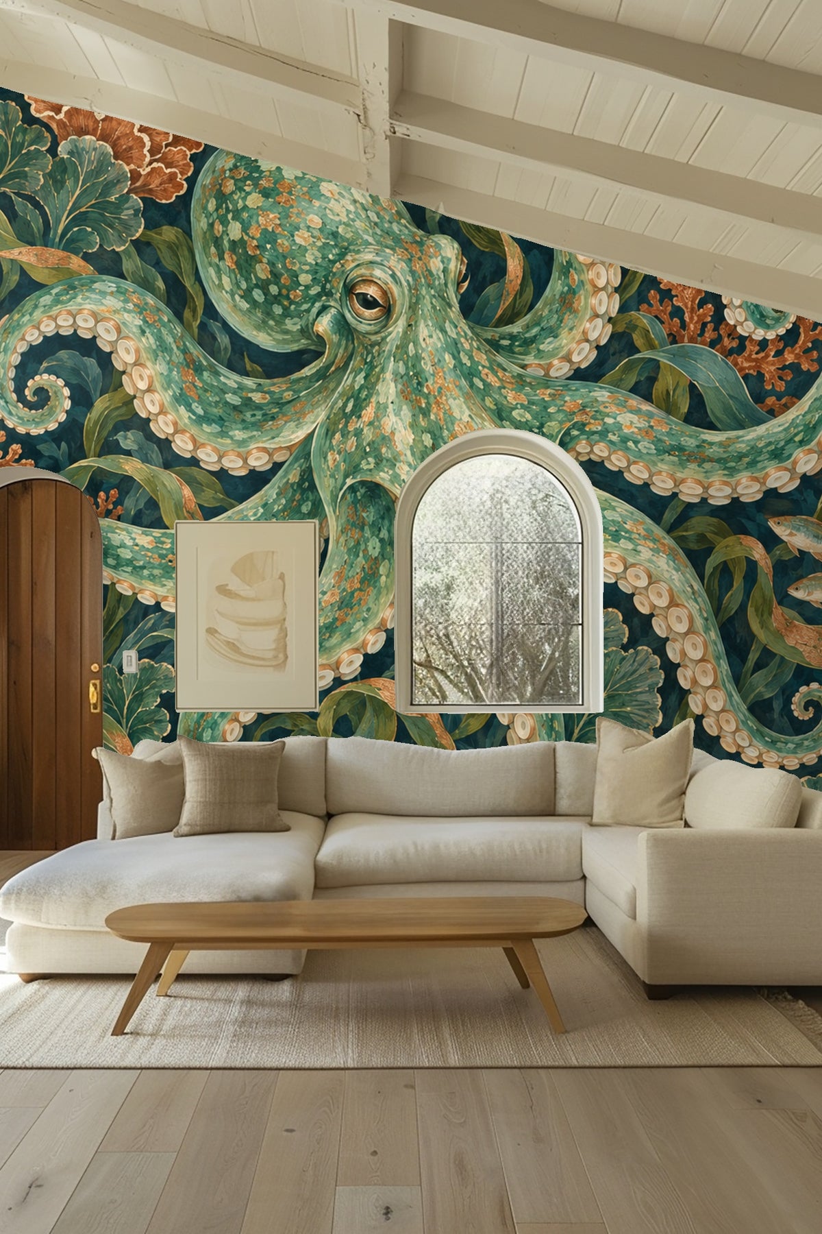 Small fish swimming among the seaweed and coral elements on the wallpaper.