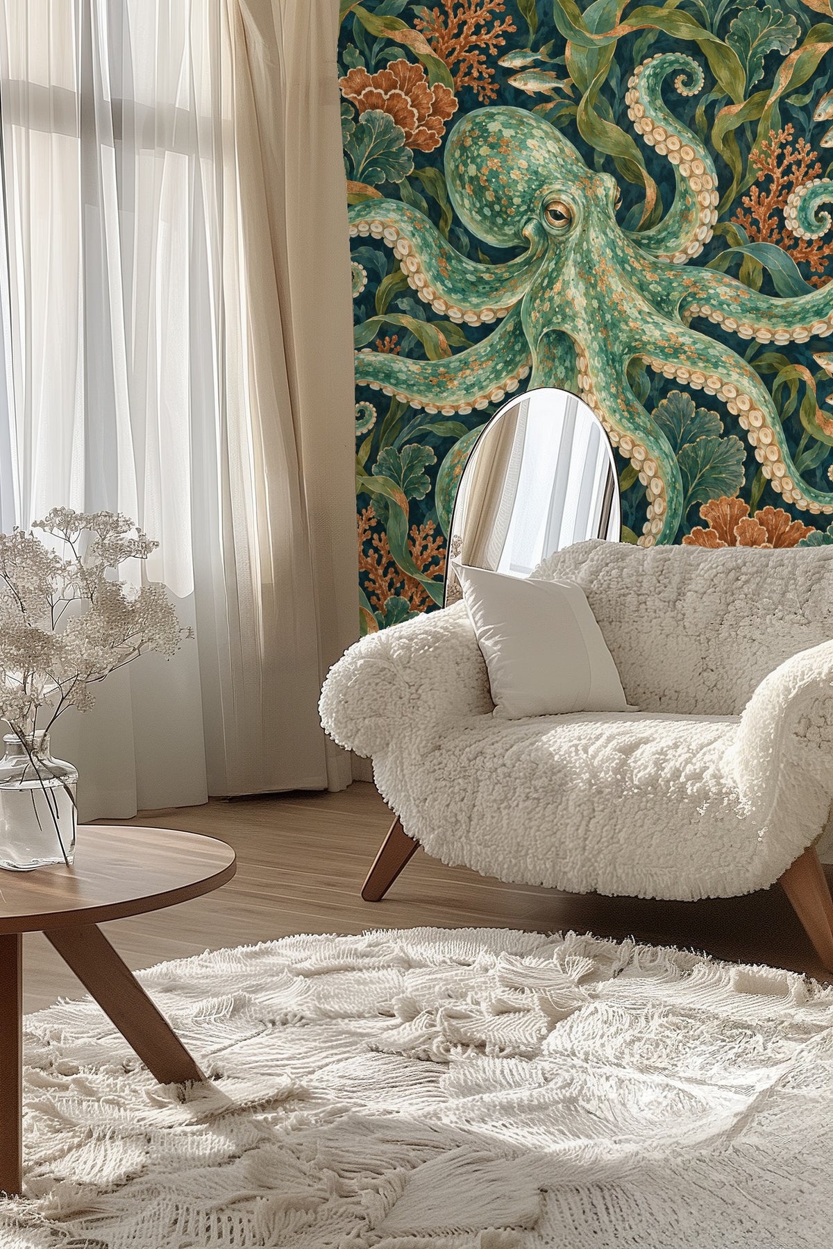 Seaweed leaves curling and layering over coral elements in the wallpaper.