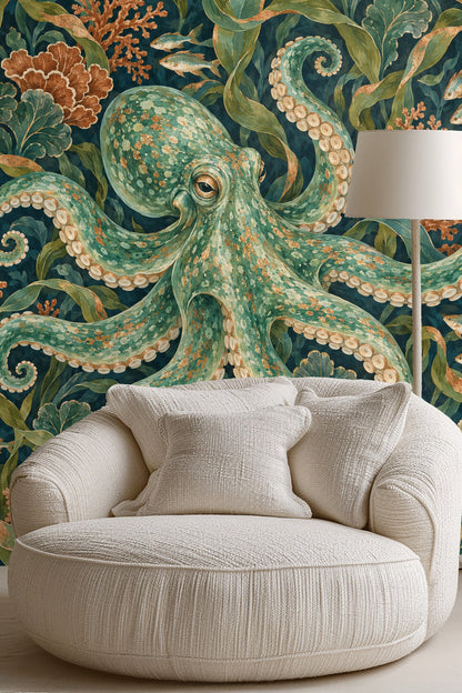 Jade Octopus Tideweave wallpaper behind a peach-colored bed headboard showing part of the octopus tentacle and seaweed pattern.