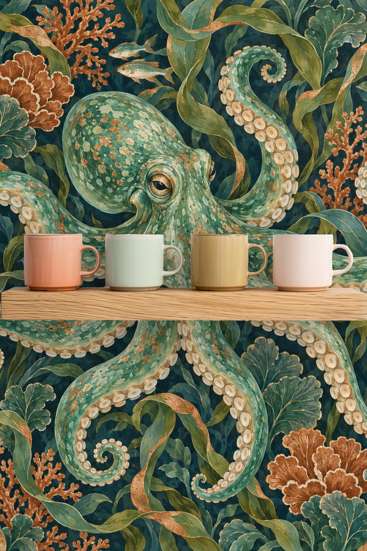 Section of wallpaper illustrating coral branches and green seaweed details.