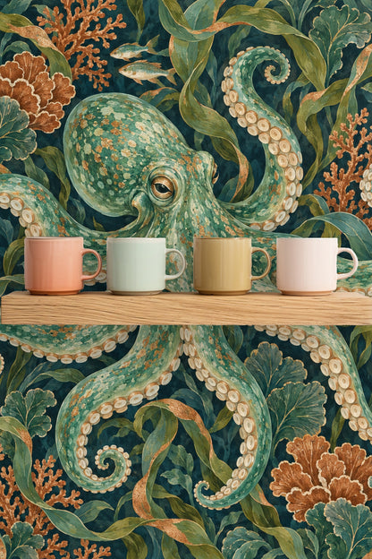 Section of wallpaper illustrating coral branches and green seaweed details.