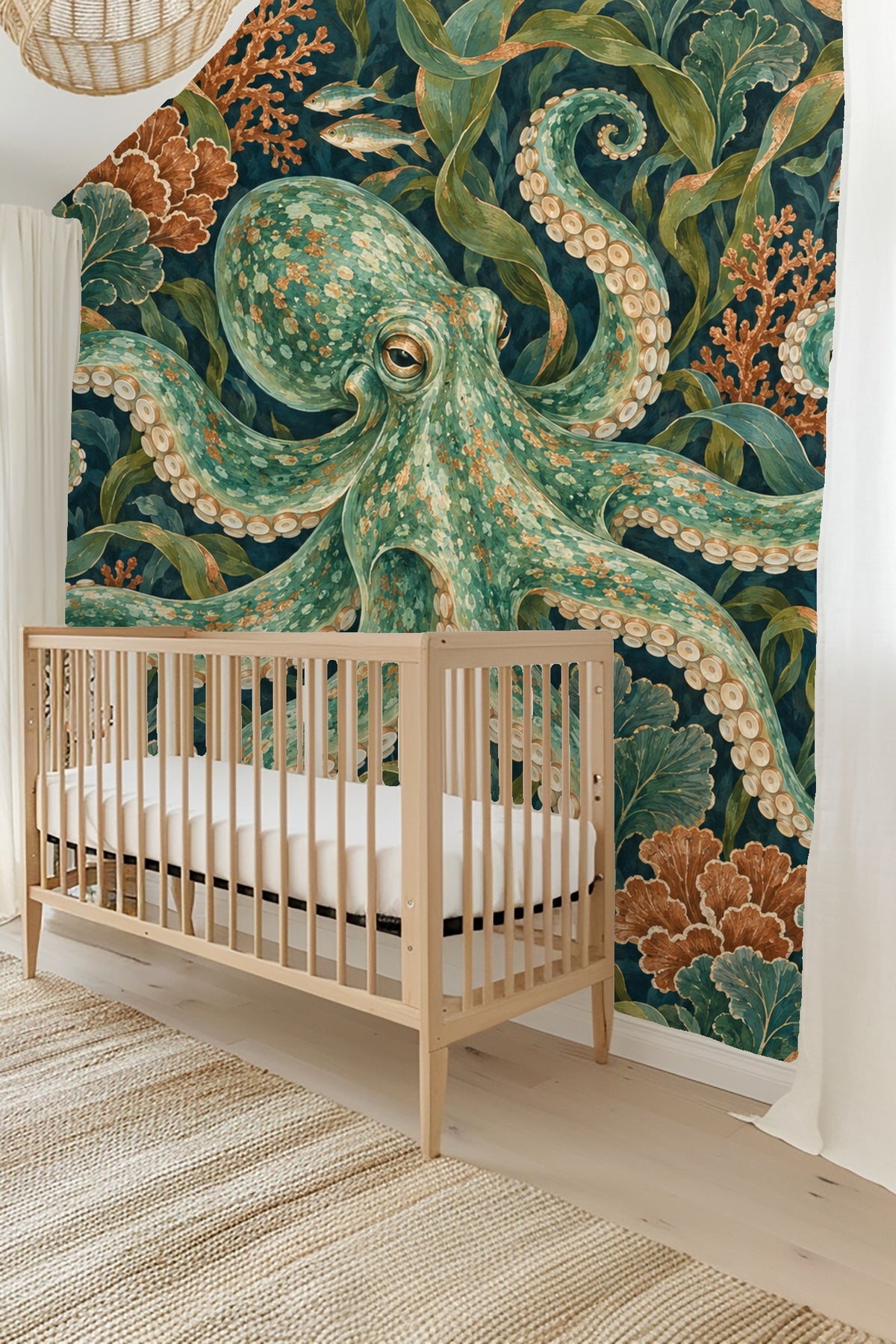 Close-up of the octopus eye and texture on the wallpaper art.