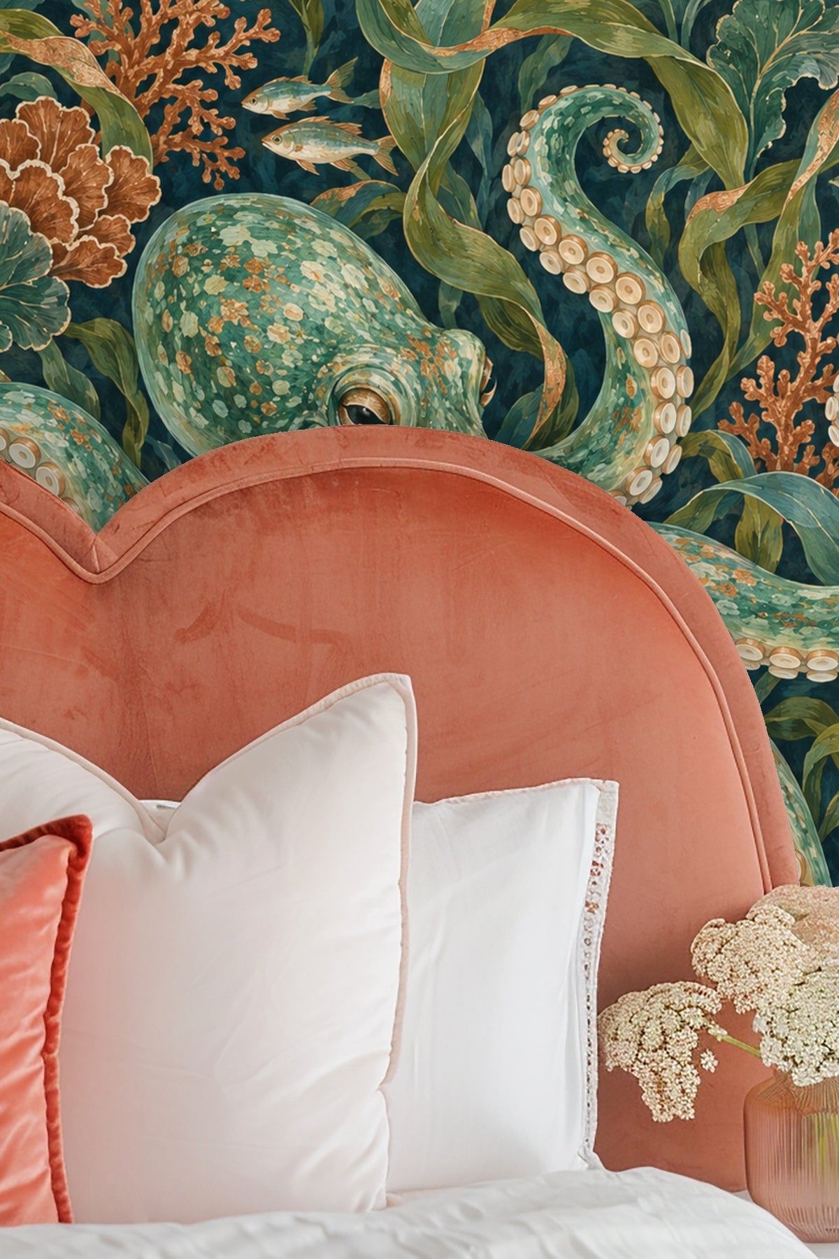 Room view of Jade Octopus Tideweave wallpaper behind an orange sofa, featuring the octopus motif.