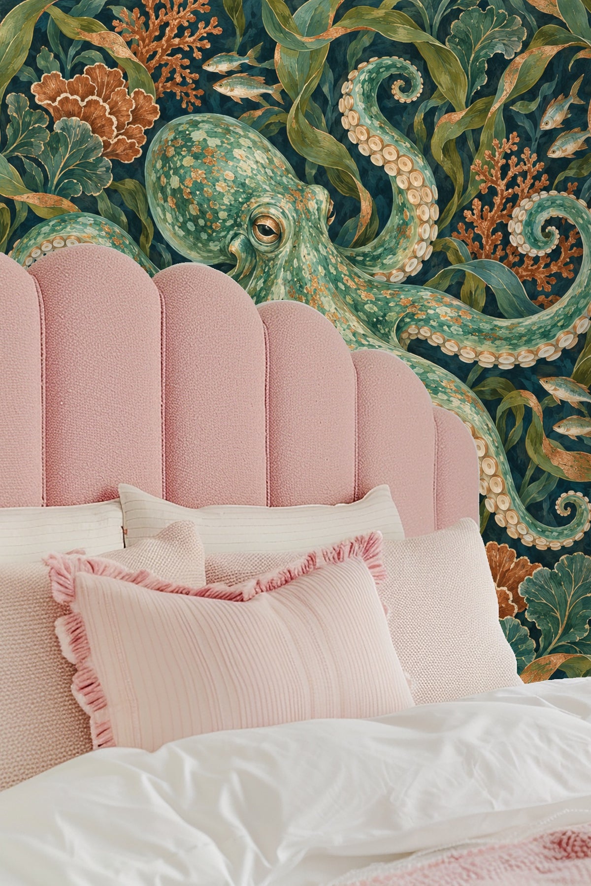 Bedroom corner highlighting wallpaper behind pillows with complementary coral and green palette.