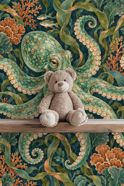 Overall wallpaper pattern repeat with balanced arrangement of octopus and marine flora.