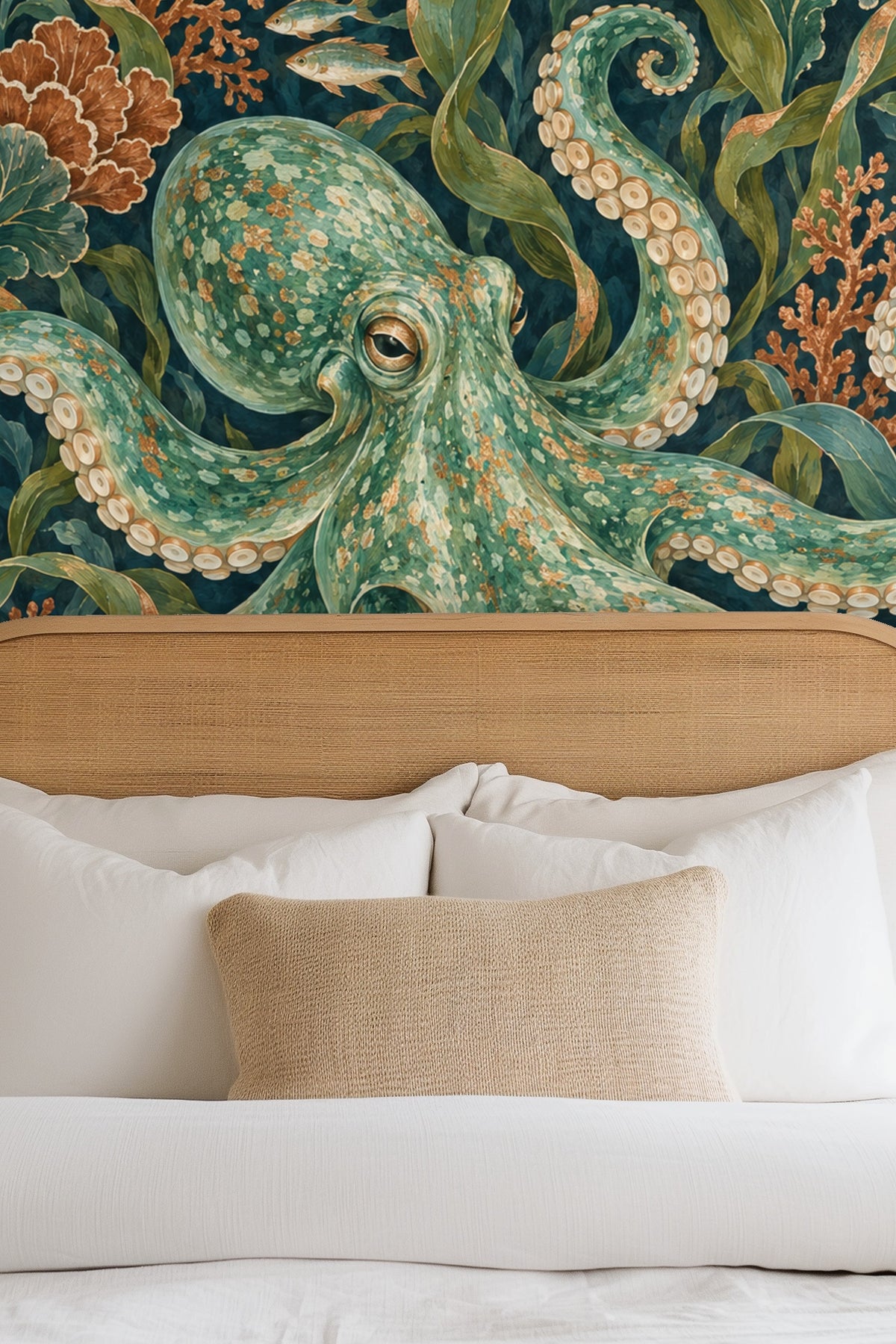 A living room setup emphasizing the wallpaper as a dramatic visual backdrop.