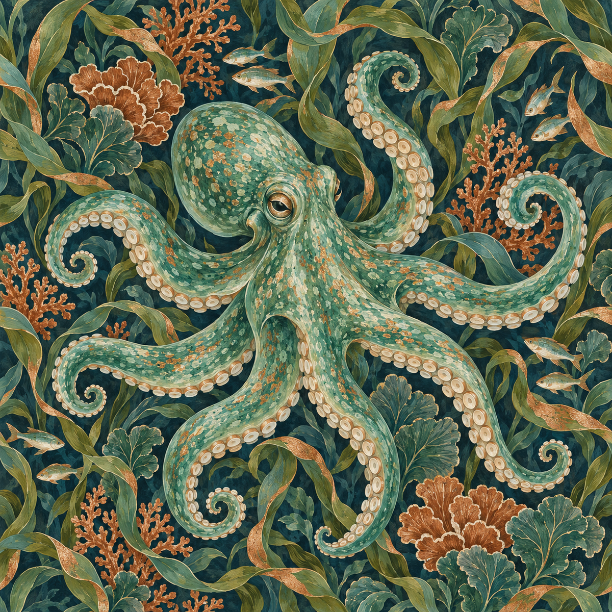 Artistic rendering of marine textures with painterly brush strokes on wallpaper surface.