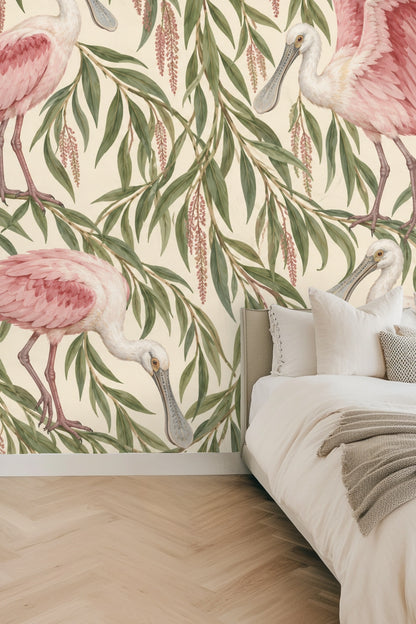 Detail of willow leaves and pink hanging blossoms intertwined with spoonbill birds