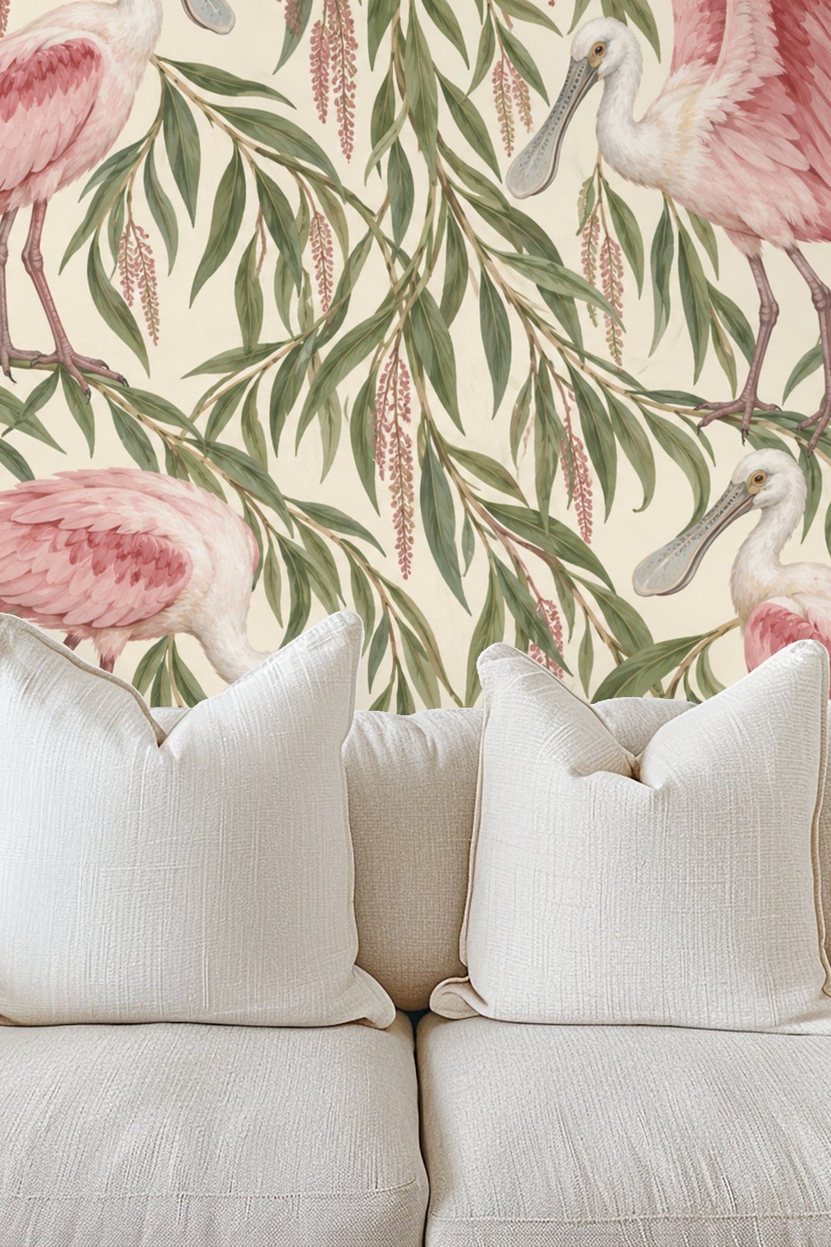 Pattern repeat showing multiple spoonbill birds standing and feeding among willow foliage