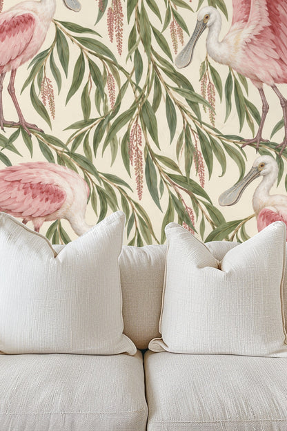Pattern repeat showing multiple spoonbill birds standing and feeding among willow foliage