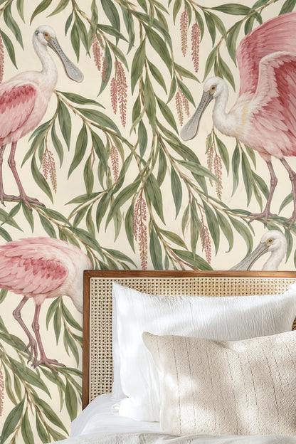 Illustrated wallpaper panel with four pink spoonbill birds and trailing willow branches