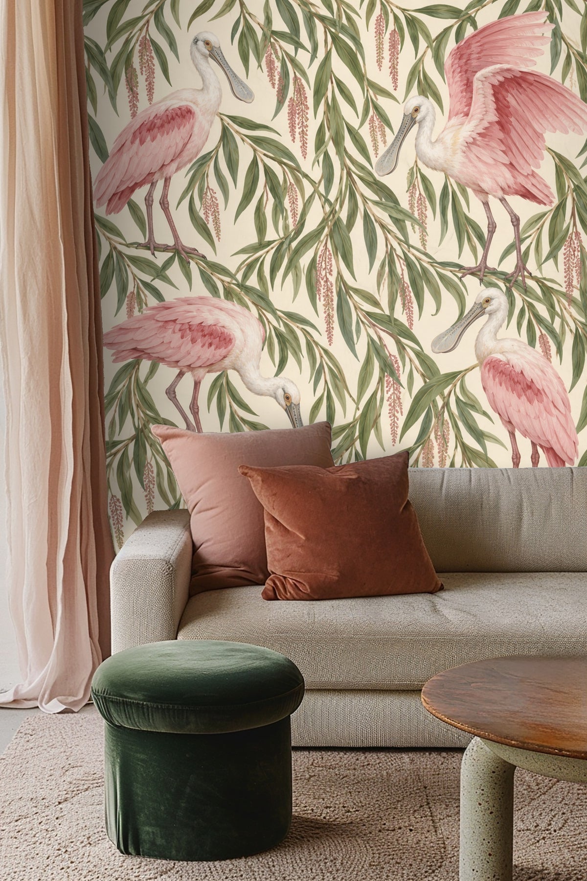 Bedroom headboard wall decorated with pink spoonbill and willow branch wallpaper