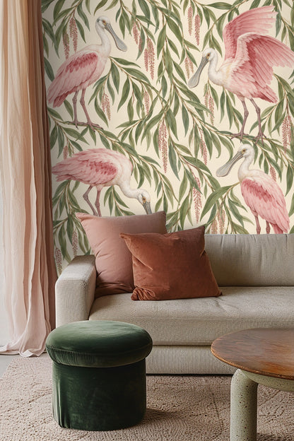 Bedroom headboard wall decorated with pink spoonbill and willow branch wallpaper