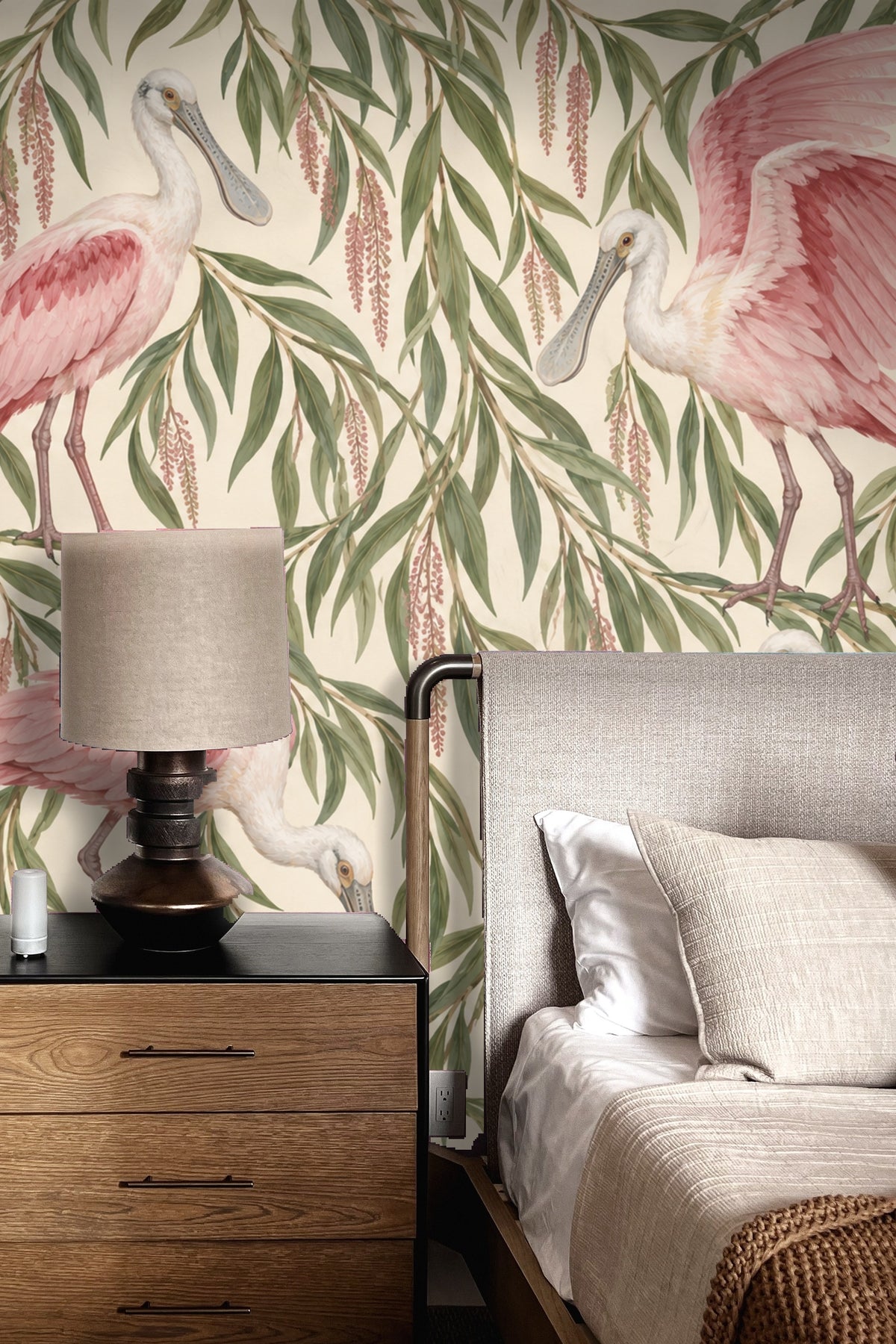Detailed feather and foliage texture in soft pink and green against an off-white background
