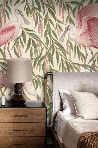 Detailed feather and foliage texture in soft pink and green against an off-white background