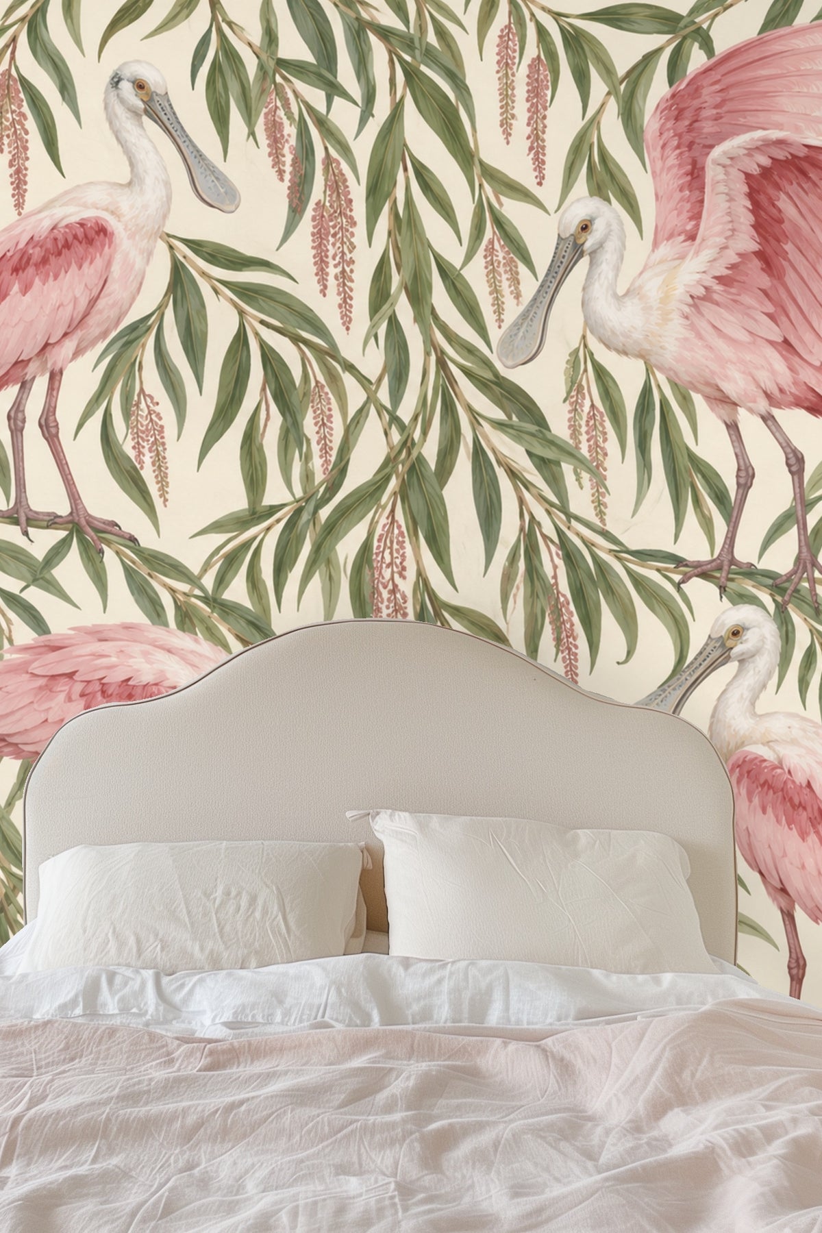 Overall pattern rhythm with birds spaced evenly within willow branch framework