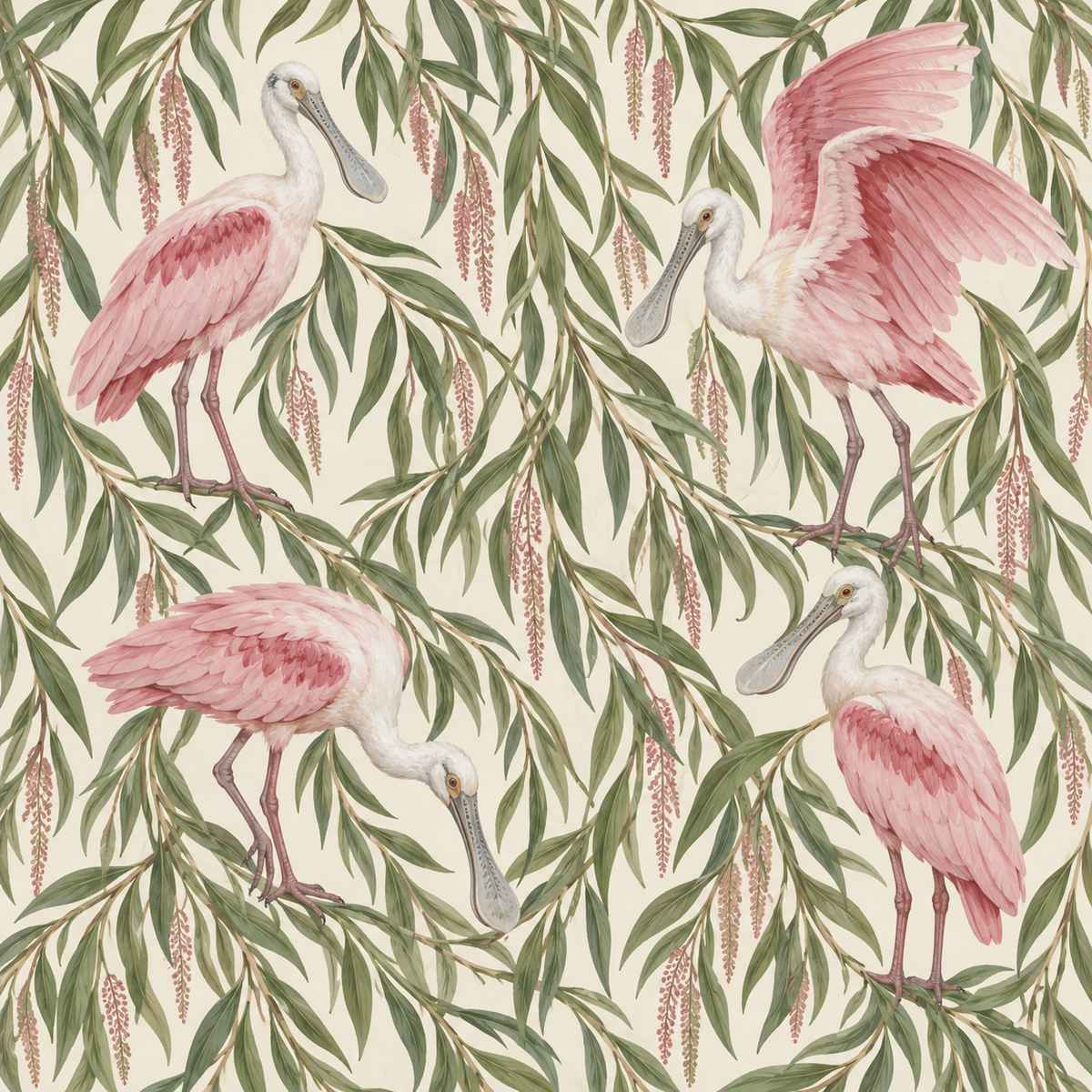 Pattern section showing bird profiles and leaf silhouettes in naturalistic style