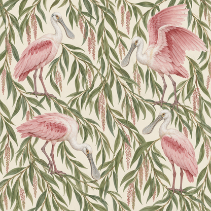 Pattern section showing bird profiles and leaf silhouettes in naturalistic style
